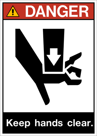 ANSI keep hands clear danger sign with hand hazard symbol and warning layout