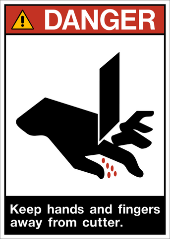 ANSI Keep Hands Away from Cutter Danger sign featuring a hand injury pictogram with a cutting blade and red danger header.