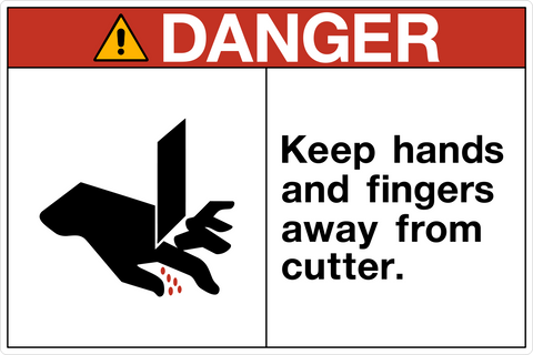 Safety sign with a red border and a symbol indicating danger, along with text advising to keep hands and fingers away from the cutter.