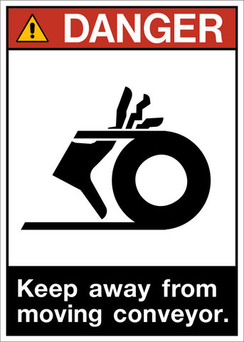 ANSI keep away moving conveyor danger sign with conveyor hazard symbol and warning layout
