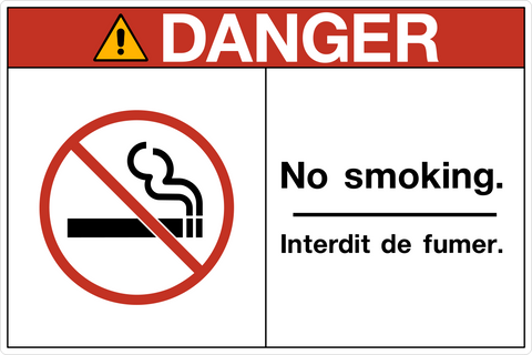 OSHA No Smoking Bilingual Text Danger Sign with no smoking symbol and bilingual English French message.