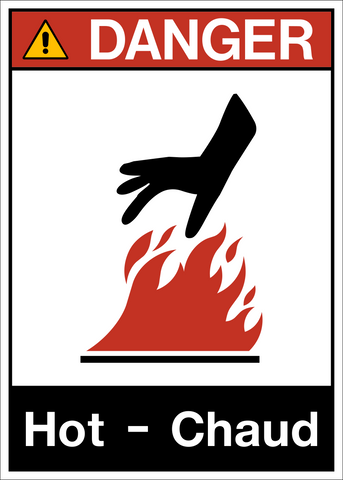 ANSI Hot Bilingual Danger Sign with hot surface pictogram and "Hot / Chaud" message.
