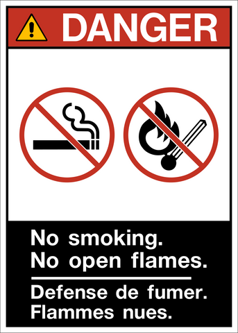 ANSI No Smoking No Open Flames Bilingual Text Danger Sign with no smoking and no open flame symbols and bilingual warning.