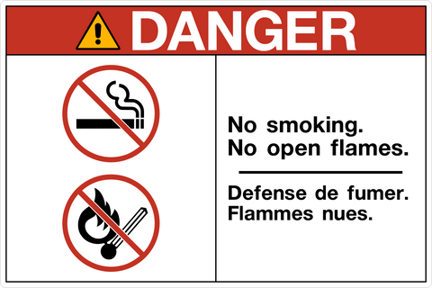 OSHA No Smoking No Open Flames Bilingual Text Danger Sign with bilingual English and French warning and prohibition symbols.