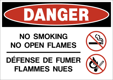 Bilingual No Smoking No Open Flames Danger Sign with no smoking and no open flame symbols and English/French text.