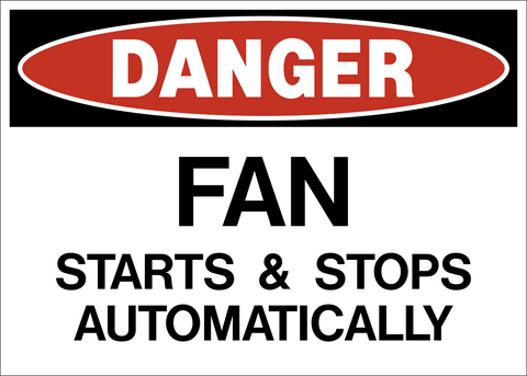 A rectangular safety sign with a red background and black border. The sign has the word 'DANGER' in bold black text at the top and the words 'FAN STARTS & STOPS AUTOMATICALLY' below in black text.