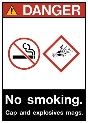ANSI explosives no smoking danger sign with cap and explosives mags and no smoking symbols
