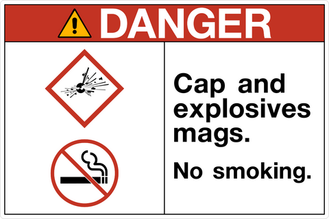 OSHA explosives no smoking danger sign for cap and explosives mags with hazard and no smoking symbols