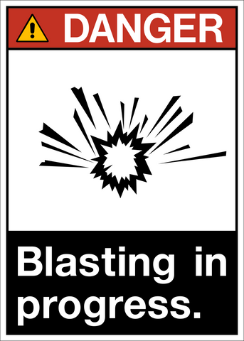 ANSI Blasting In Progress Danger Sign with explosion symbol and safety alert icon