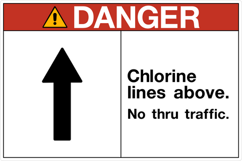 A safety sign with a white background and red and black text that reads 'DANGER CHLORINE LINES ABOVE. NO THRU TRAFFIC.