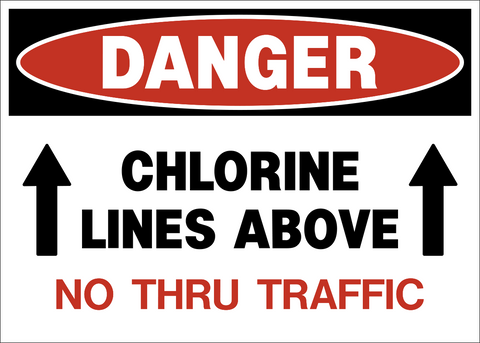 A safety warning sign with a red oval background and white text that reads 'DANGER CHLORINE LINES ABOVE' with a downward-pointing arrow and a 'NO THRU TRAFFIC' instruction symbol.