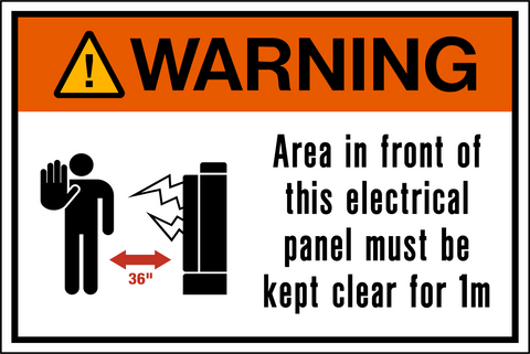 Electrical panel warning sign with a graphic of a person and an electrical panel, indicating the area in front of the panel must be kept clear.