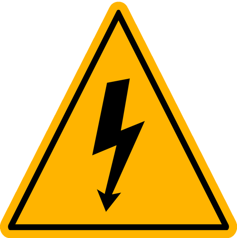 A yellow safety sign with a black lightning bolt and directional arrow indicating high voltage.