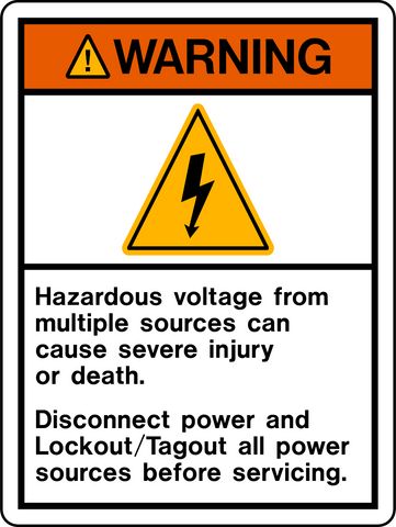 Warning High Voltage Lock Out Sign is  a sign with black text 'WARNING' on an orange background, featuring a black on yellow high voltage symbol and black text that reads 'HAZARDOUS VOLTAGE FROM MULTIPLE SOURCES CAN CAUSE SEVERE INJURY OR DEATH. DISCONNECT POWER AND LOCKOUT/TAGOUT ALL POWER SOURCES BEFORE SERVICING.' on a white background with black border.