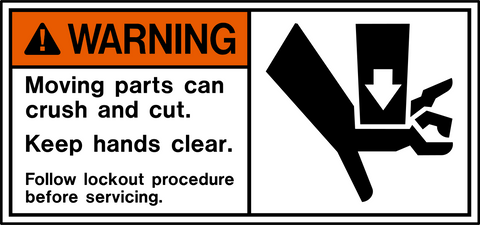 Crush hazard warning sign with moving parts message and keep hands clear instruction
