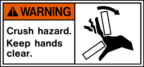 Crush hazard warning sign with hand pinch hazard symbol and keep hands clear message