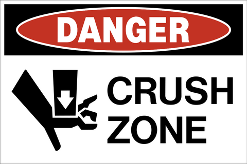 Crush hazard danger sign with crush zone warning and hazard symbol