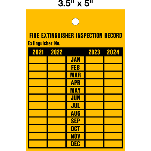 Fire Extinguisher Inspection Record Lock Out Tag is a yellow safety tag with black lettering that lists the months and has spaces for entering inspection dates, and the Extinguisher Number.