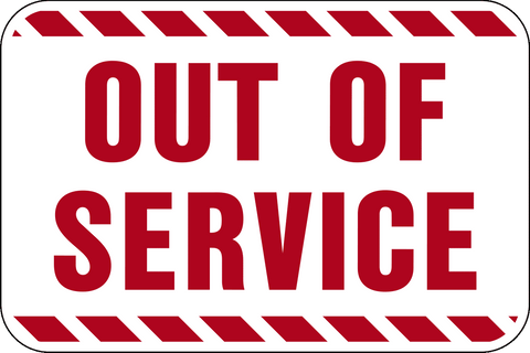 Out of Service Lock Out Sign is a sign with a red and white striped border and the red text 'OUT OF SERVICE' in bold capital letters on a white background.