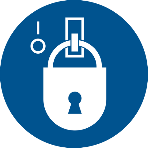 Lockout Symbol blue Lock Out Sign is  a round blue sign with a white graphic of a lock and key, indicating a lockout symbol for safety or warning purposes.
