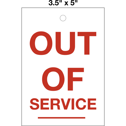 Out of Service Lock Out Tag is a single-sided safety tag with a white background and red text that reads 'OUT OF SERVICE'. 