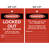 Danger Locked Out red Lock Out Tag is a double-sided safety tag with white text that says "Danger Locked Out" and "Danger Energy Source has been Locked Out" with the Danger symbol, on a red background