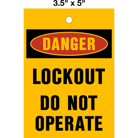 Danger Lockout Do Not Operate yellow Lock Out Tag is a single-sided safety tag with a yellow background and black text that reads 'DANGER LOCKOUT DO NOT OPERATE' with the Danger symbol.