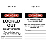 Danger Locked Out white Lock Out Tag is a double-sided safety tag with black text that says "Danger Locked Out" and "Danger Energy Source has been Locked Out" with the Danger symbol on a white background.