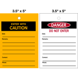 Danger Do Not Enter 2-sided Lock Out Tag is a double-sided safety tag with one side black text that says "Enter with Caution " on a yellow background, and second side with Danger symbol, red text that says "Do Not Enter" on a white background, and both sides have lines to fill in for Date, Remarks, Contact and Phone.