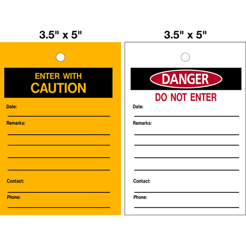Danger Do Not Enter 2-sided Lock Out Tag is a double-sided safety tag with one side black text that says "Enter with Caution " on a yellow background, and second side with Danger symbol, red text that says "Do Not Enter" on a white background, and both sides have lines to fill in for Date, Remarks, Contact and Phone.