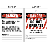 Danger Do Not Operate 2-sided Lock Out Tag is a safety tag with the words 'DANGER ENERGY SOURCE HAS BEEN LOCKED OUT!' on one side and 'DANGER DO NOT OPERATE' on the other side, in red and white color scheme, along with company contact information and a Danger symbol.