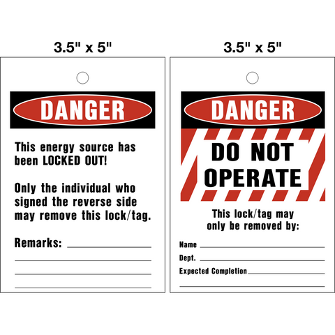 Danger Do Not Operate 2-sided Lock Out Tag is a safety tag with the words 'DANGER ENERGY SOURCE HAS BEEN LOCKED OUT!' on one side and 'DANGER DO NOT OPERATE' on the other side, in red and white color scheme, along with company contact information and a Danger symbol.