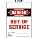 Danger Out of Service Lock Out Tag is a single-sided safety tag with a white background and red and black text that reads 'DANGER OUT OF SERVICE' with the Danger symbol and a space for a signature, date and phone below the text.