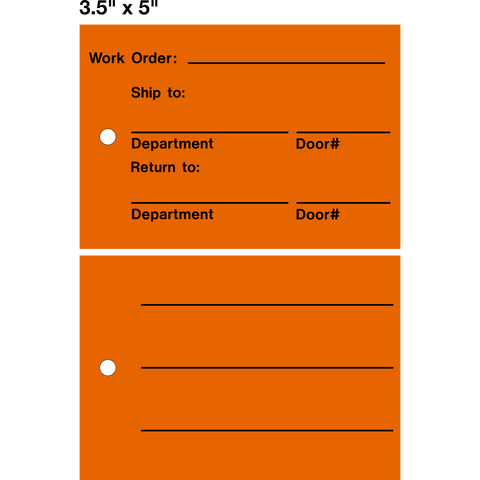 Work Order Lock Out Tag is a single-sided safety tag with an orange background and black text with lines for work order, ship to department and door number and return to department and door number.