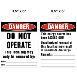 Danger Do Not Operate lock removal Lock Out Tag is a double-sided safety tag with black text  on white background that says "Danger Do Not Operate" and "Danger Energy source has been locked out" with the Danger symbol.