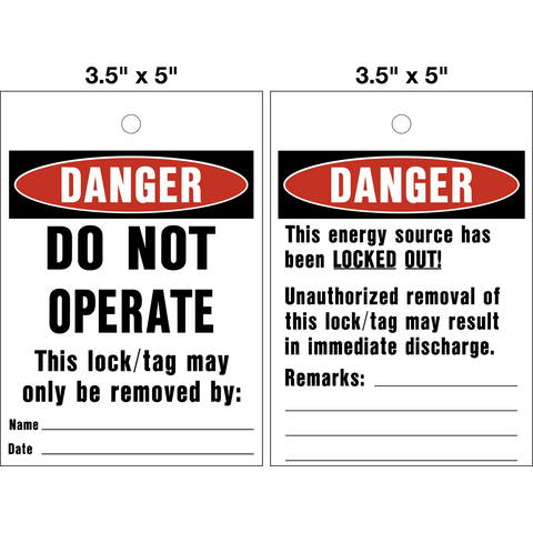Danger Do Not Operate lock removal Lock Out Tag is a double-sided safety tag with black text  on white background that says "Danger Do Not Operate" and "Danger Energy source has been locked out" with the Danger symbol.