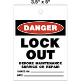 Danger Lockout Before Service Lock Out Tag is a single-sided safety tag with a white background and black text that reads 'DANGER LOCK OUT BEFORE MAINTENANCE SERVICE OR REPAIR' with the Danger symbol and a space for a signature and date below the text.