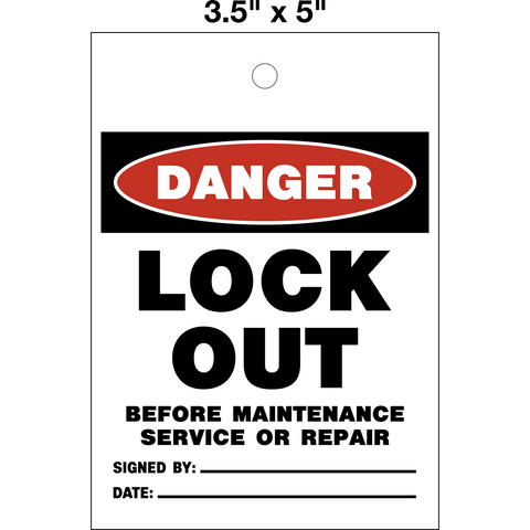 Danger Lockout Before Service Lock Out Tag is a single-sided safety tag with a white background and black text that reads 'DANGER LOCK OUT BEFORE MAINTENANCE SERVICE OR REPAIR' with the Danger symbol and a space for a signature and date below the text.