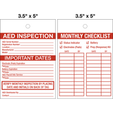 AED Inspection Lock Out Tag with red and white text on a white background. It includes sections for serial number, manufacturer, battery type, and important dates, along with a list of verification steps to be performed by placing a tag on the AED.