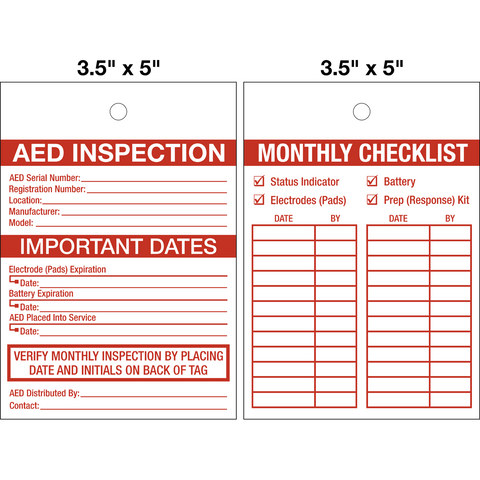 AED Inspection Lock Out Tag with red and white text on a white background. It includes sections for serial number, manufacturer, battery type, and important dates, along with a list of verification steps to be performed by placing a tag on the AED.
