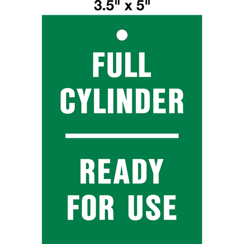 Cylinder Full Lock Out Tag is a safety tag with a green background and white text that reads 'FULL CYLINDER READY FOR USE' and a metal grommet.