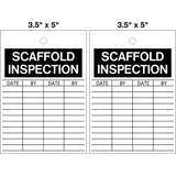 Scaffold Inspection Lock Out Tag is a double-sided safety tag with white text that says "SCAFFOLD INSPECTION" on a black background; and columns for date and by in black on a white background.
