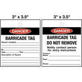 Barricade Lock Out Tag is a double-sided white rectangular 'DANGER BARRICADE TAG' with red text and borders, designed for industrial safety signage.