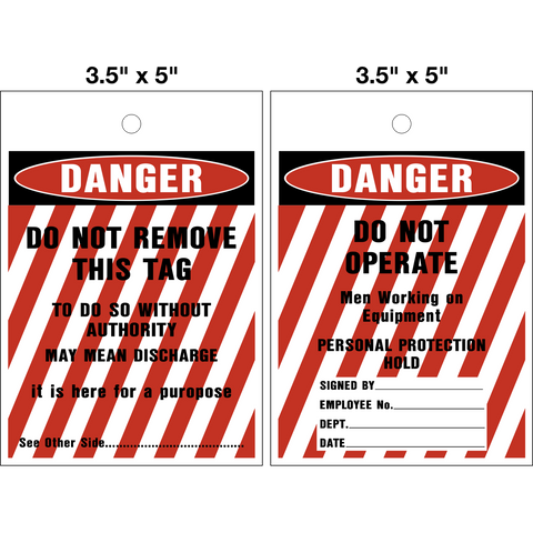 Danger Do Not Operate red stripes Lock Out Tag is a double-sided safety tag with black text that says "Danger Do not remove this tag" and "Danger Do Not Operate" with the Danger symbol and red stripes on a white background.