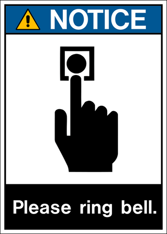 ANSI Ring Bell Notice Sign with push button symbol and message "Please ring bell."