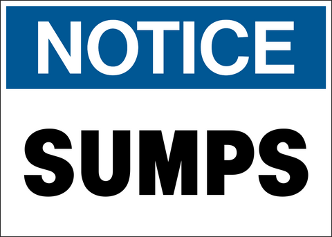 Blue and white Sumps Notice Sign displaying the word "SUMPS" in bold black lettering.