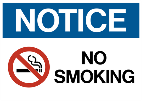 A blue and white 'No smoking' sign with a red prohibition symbol