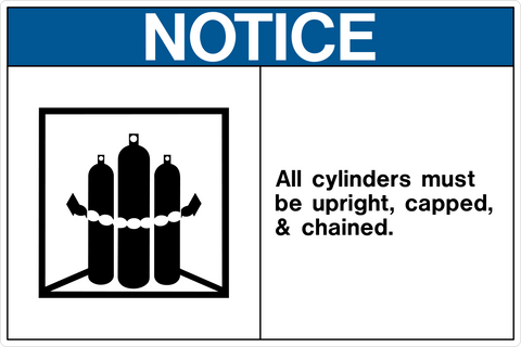 Safety notice sign with a blue background and white text that reads 'NOTICE' followed by a pictogram showing a cylinder with a cautionary instruction that all cylinders must be upright, capped, and chained.