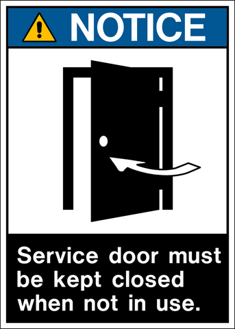 ANSI Service Door Keep Closed Notice Sign with open door symbol and blue NOTICE header.