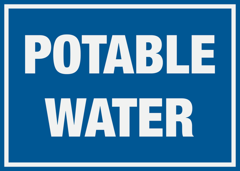 A blue rectangular sign with white text that reads 'POTABLE WATER'.